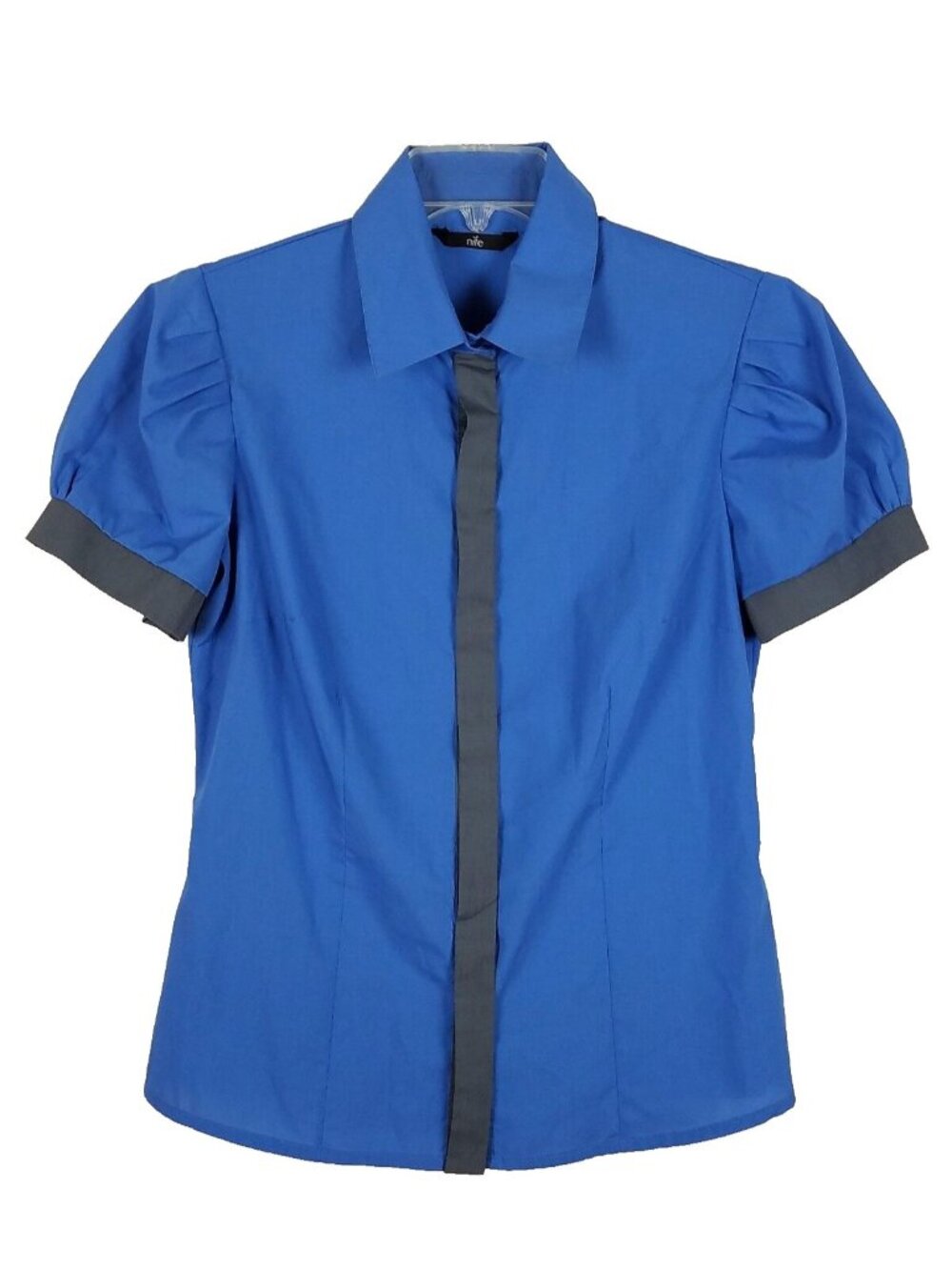 NIFE Professional Blue and Gray short sleeved Button front blouse sz 4 sz 40
